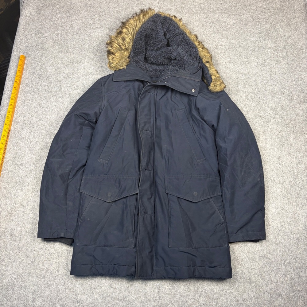 Uniqlo Ultra Warm Down Parka Navy Blue Faux Fur Hood Jacket Mens XS